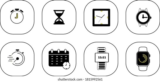 These icons in vector graphics depict a variety of clock