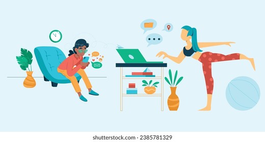 These illustrations typically include depictions of women using smartphones, laptops, tablets, and other modern tech devices as a part of their daily routines