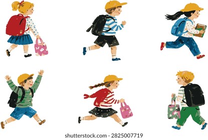 These images appear to be from a set of watercolor illustrations depicting children walking or running to school.