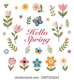 These images depict cheerful spring-themed illustrations with vibrant flowers, butterflies, birds, and seasonal elements. The first image features a “Hello Spring” text surrounded by colorful flowers 