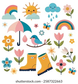These images depict cheerful spring-themed illustrations with vibrant flowers, butterflies, birds, and seasonal elements. 