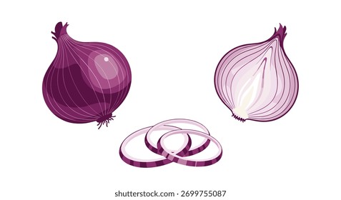 Estas imagens mostram uma cebola vermelha inteira, uma cebola vermelha cortada pela metade e vários anéis de cebola vermelha.