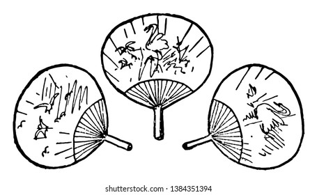 These are also known as handheld fan. Used for cooling or refreshing oneself. These fans are first used in ancient Greece, Vintage line drawing or engraving illustration. 