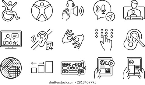 These are line art icons representing accessibility features notably presented as a silhouette style.