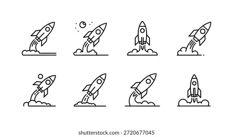 These linear rocket designs showcase launch phases with a distinctive, modern silhouette style.