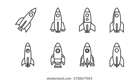 Estos diseños de cohetes lineales muestran un estilo de silueta distintivo, perfecto para proyectos de temática espacial.