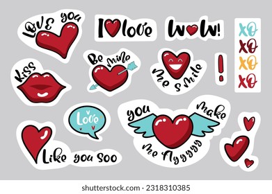 These love stickers have a charming flat cartoon design with a cute label and are perfect for adding some romance to your messages. Vector illustration.