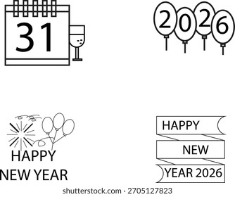 These outline vector graphics are rendered in a clean, minimalist style, making them versatile for digital and print media. They are ideal for creating New Year's Eve invitations, web banners, social 