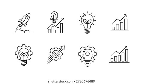 Estos iconos delineados representan la innovación y el crecimiento, utilizando un estilo de silueta elegante y minimalista.
