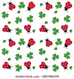 These are pattern with ladybugs looking like small hearts and leaves of shamrock. Cute insects are made in vector, they are bright and funy.