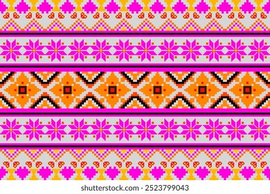 Ein faszinierendes Textilmuster, das eine lebendige Verschmelzung von geometrischen Formen und traditionellen Motiven zeigt. Das Design zeichnet sich durch kräftige, kontrastreiche Farben aus, darunter Rosa, Orange, Schwarz und Gelb, angeordnet 