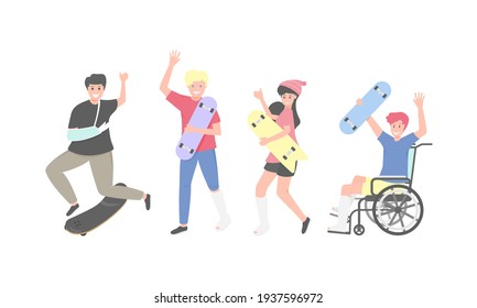 These people get different physical injuries by playing a skateboard. Flat design