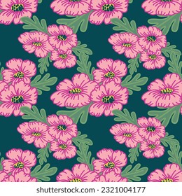 These pink three-flower bouquets are featured on a charcoal black background creating a seamless repeat pattern design.