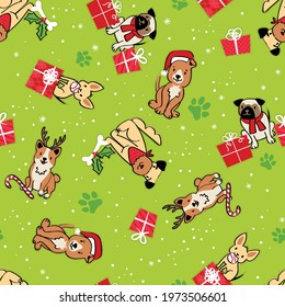 These Puppy Pets are ready for Christmas! Seamless vector pattern featuring dogs and puppies with jolly holiday accessories.
