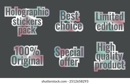 These is a set of holographic stickers, wich contain marketing words. These shapes are made by rainbow color gradient and have a metallic effect.