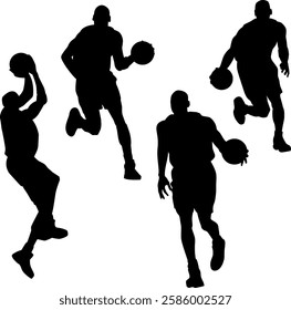 These silhouettes showcase the athleticism and dynamism of basketball. The simple yet effective composition of the image is suitable for various design purposes, such as logos, icons, or illustrations