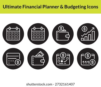 Estes seis ícones pretos representam temas de planejamento financeiro e orçamento, apresentando um estilo de silhueta distinta e um fundo transparente valioso para os designers.