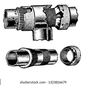 These are small attachments used to fix things and hold them in position. They have threads and rings together, vintage engraved line art illustration. Bicycle Accessories 1900.