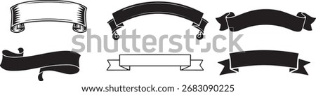 These are stylish headline ribbon banners designed to frame and highlight titles or key text, featuring vintage curves, scrolls, and bold shapes in black and white.