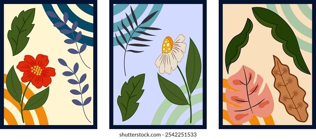 These three abstract floral prints are like a summer dream capturing the essence of nature with their bold colors and simple shapes