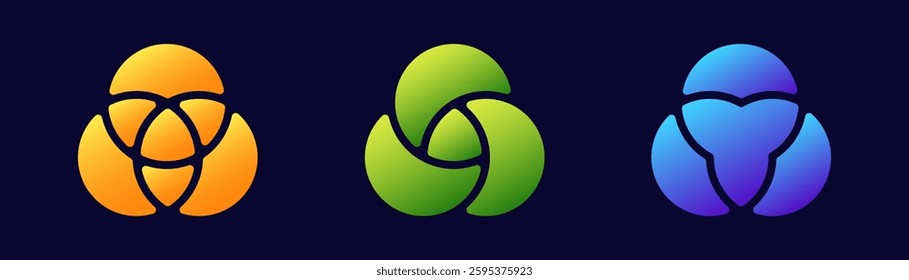 These are three abstract logos featuring smooth curves, each in vibrant yellow, green, and blue colors.