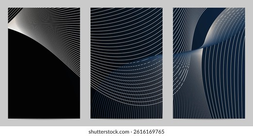 These are three vector graphics, likely for templates or backgrounds, with a cool and sleek design. They feature a dark blue gradient and subtle, curved line patterns to create a modern look.