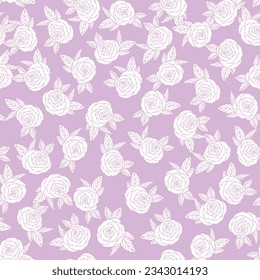 These tiny white line art roses are scattered across a pink background creating a repeat seamless pattern design.