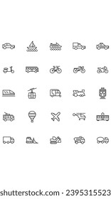 these are transport icons, in Outline style used for mobile web and other purposes and the elements in the design are cars, motorbikes, bicycles, transport and many others, editable stroke