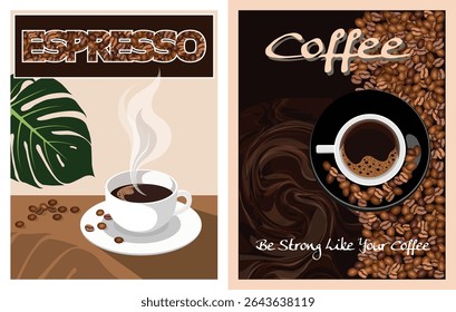 These two graphic illustrations capture the essence of coffee, with one design highlighting a fresh cup of espresso and the other emphasizing the rich abundance of coffee beans.