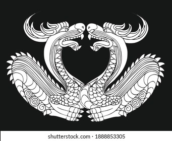 These are two Korean dragons. It is a dragon symmetry structure that can be seen in Korean temples.