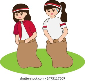 These two little friends never tire of competing happily. Even though they compete in sack races, they always enjoy every step together. True friendship never loses.