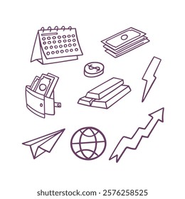 These vector icons represent a diverse array of concepts that are related to finance, planning, and the global economy