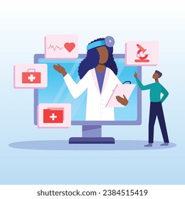 These vector illustrations depict a medical center, showcasing various scenes related to healthcare and wellness