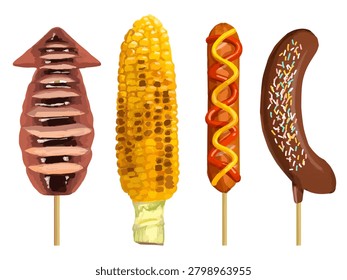 These are vector illustrations of street food stalls selling grilled squid, grilled corn, frankfurters, and chocolate-covered bananas. They can be used as illustrations for festival announcements, menus, and more.
