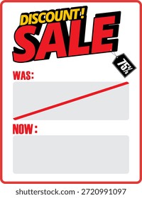 Estos Vectores muestran diseños sencillos de etiquetas de Precio de venta de descuento con el texto “¡DESCUENTO! VENTA” en la parte superior. Incluyen una sección clara con las etiquetas “WAS:” y “NOW:” para mostrar los Precios originales y con descuento. El estilo limpio y minimalista del Vector hace estos diseños convenientes para las promociones al por menor, las exhibiciones de la tienda, el comercio electrónico, y la publicidad. Son ideales para carteles, etiquetas de estantes, pegatinas y otros materiales de venta imprimibles.