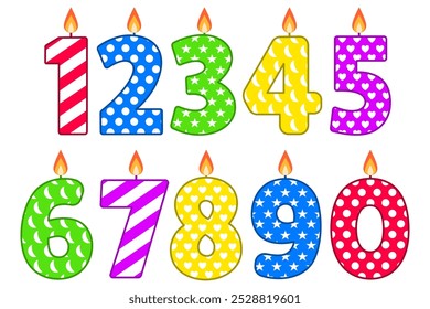 These vibrant birthday candles, numbered 1-10, feature playful patterns like polka dots, stripes, stars, and hearts. Perfect for any celebration, they add a festive touch to any cakebirth day.