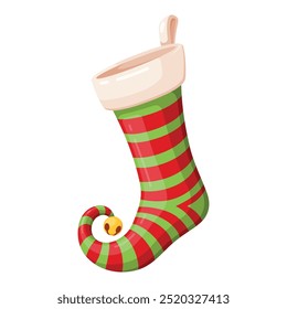 These vibrant Christmas elf stockings feature red and green stripes, a soft white cuff and a playful curled toe, perfect for holiday decor or as a gift.