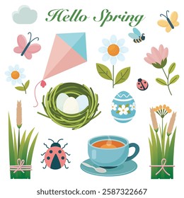 These vibrant spring illustrations showcase nature’s beauty with blooming flowers, buzzing bees, colorful butterflies, and fresh greenery. The images include a bird’s nest with eggs, a decorated Easte