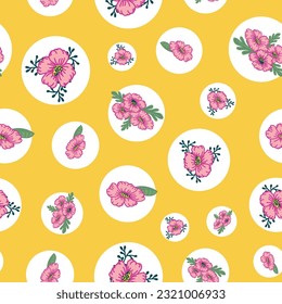 These white dots are filled with pink flowers scattered over a bright yellow background to create a seamless repeat pattern design.