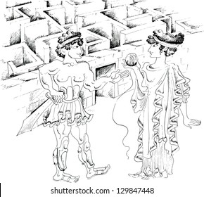 Theseus and Ariadne against Minotaur labyrinth