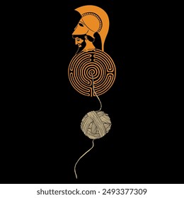 Theseus. Head of Ancient Greek warrior in a helmet with a round spiral maze or labyrinth symbol and a yarn ball. Ariadne thread. Creative mythological symbol.