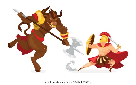 Theseus and Minotaur flat vector illustration. Greek mythology. Ancient story and legend. Hero fighting mythological creature. Warrior with sword isolated cartoon character on white background