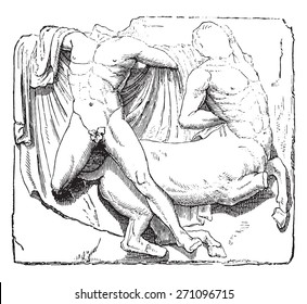 Theseus and the Minotaur, Metope of the Parthenon, vintage engraved illustration. Industrial encyclopedia E.-O. Lami - 1875. 