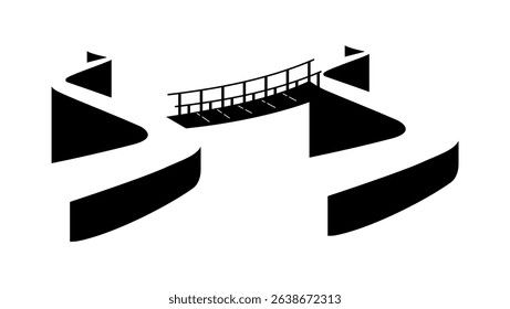 thesis symbol, two rock roads with bridge, black isolated silhouette