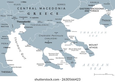 Thessaloniki and Chalkidiki, regional units of Greece, gray political map. Thessaloniki, 2nd-largest city in Greece, Chalkidiki, a large penisula in the Aegean Sea, and autonomous Mount Athos region.