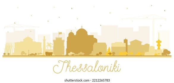 Thessaloniki Grecia Skyline Silhouette con edificios dorados aislados en blanco. Ilustración vectorial. Concepto de turismo con arquitectura histórica y moderna. El paisaje urbano de Salónica con monumentos.