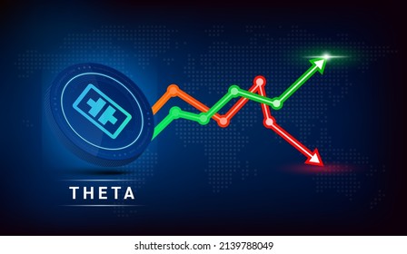 Moneda azul theta. Símbolo de criptodivisa con gráfico de inversión en bolsa verde y rojo. Icono de moneda en fondo oscuro. Concepto de negocios de tendencias económicas. Ilustración vectorial 3D.