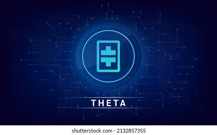 Theta coin cryptocurrency token symbol. Coin icon on dark  background. Technology for finance in International stock blockchain. Vector illustration.