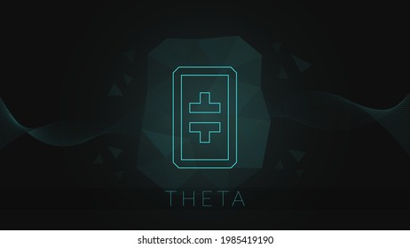 Theta colorful gradient logo with polygonal shape on dark background with wavy thin line.