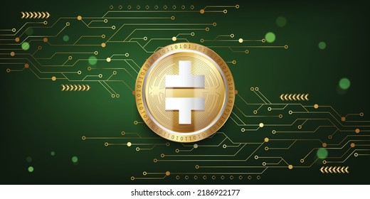 Theta (THETA) Crypto metallic coin virtual currency token on futuristic technology vector background illustration 